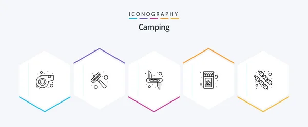 Camping Line Icon Pack Including Marshmallow Stick Victorinox Match Box — Wektor stockowy