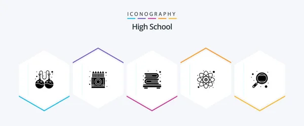 High School Glyph Icon Pack Including Research Knowledge Bookcase Study — Vetor de Stock