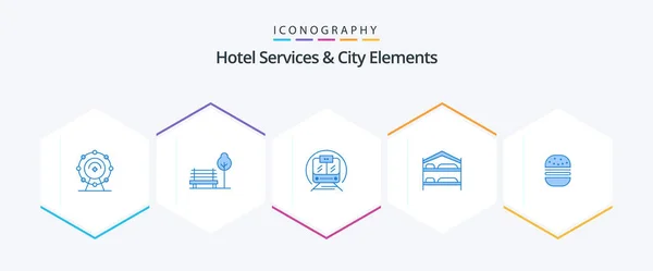 Hotel Services City Elements Blue Icon Pack Including Burger Service — Vetor de Stock
