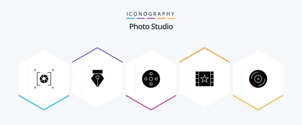 Photo Studio Glyph Icon Pack Including Studio Footage Star Player — Vettoriale Stock