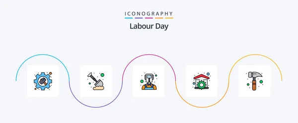 Labour Day Line Filled Flat Icon Pack Including Hammer Wrench — Stock Vector