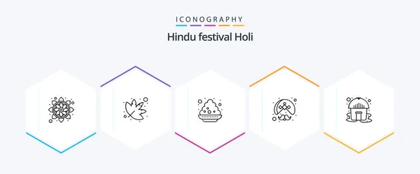 Holi Line Icon Pack Including Tent Wearing Plate Turban Man — Stok Vektör