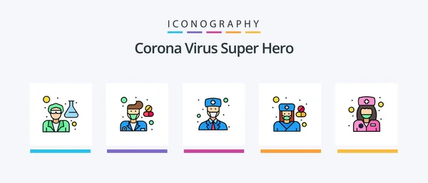 Corona Virus Super Hero Line Filled Icon Pack Including Doctor — Stock Vector