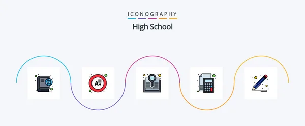 High School Line Filled Flat Icon Pack Including School Supplies — Stockvektor