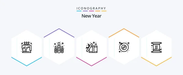 New Year Line Icon Pack Including Card Multimedia Box Dvd — Wektor stockowy