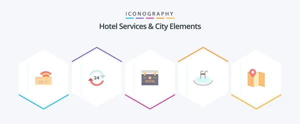 Hotel Services City Elements Flat Icon Pack Including Service Pool — Stok Vektör