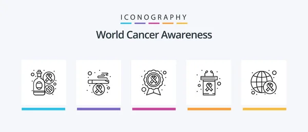 Всемирный Рак Линия Награждения Икона Пакет Включая Защиту Медицинская Здоровье — стоковый вектор