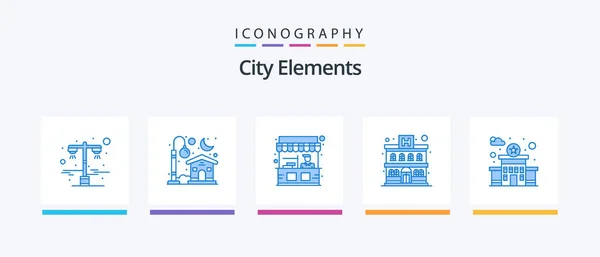 City Elements Blue Icon Pack Including Station Building Food Hotel — Vector de stock