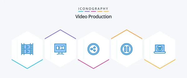 Video Production Blue Icon Pack Including Video Share Laptop Pause — Vetor de Stock