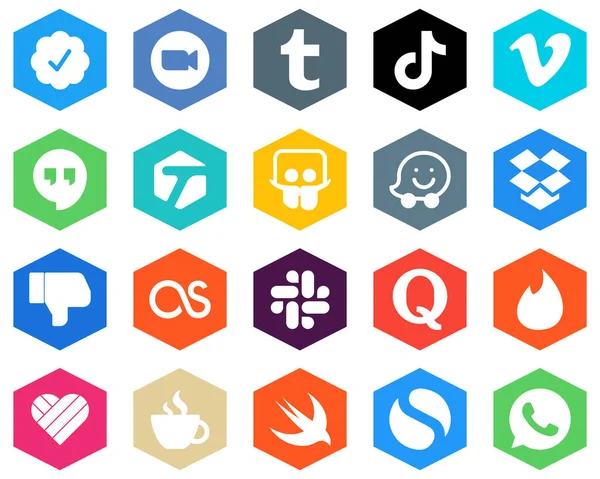 Stylish White Icons Dropbox Slideshare Video Tagged Video Hexagon Flat — Image vectorielle