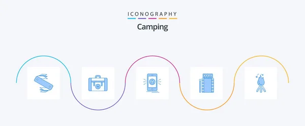 Camping Blue Icon Pack Including Fire Matches Hiking Location Camping — Stock vektor