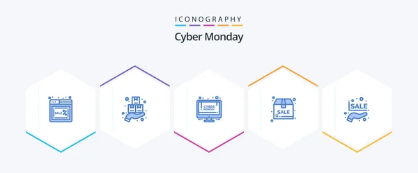 Cyber Monday Blue Icon Pack Including Discount Box Monday Package — Stockvector