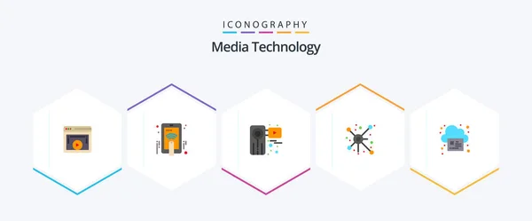 Media Technology Flat Icon Pack Including Connection Network Gesture Distribute — Vetor de Stock