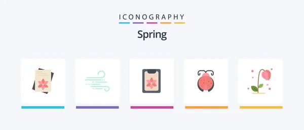 Spring Flat Icon Pack Including Floral Ladybug Flower Ladybird Beetle — Vector de stock