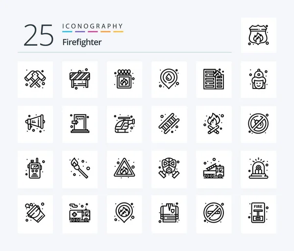Firefighter Line Icon Pack Including Flame Burning Fire Location Water — Stock Vector
