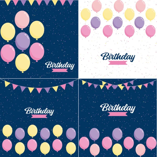 Happy Birthday Text Hand Drawn Cartoon Style Colorful Balloon Illustrations — Vetor de Stock