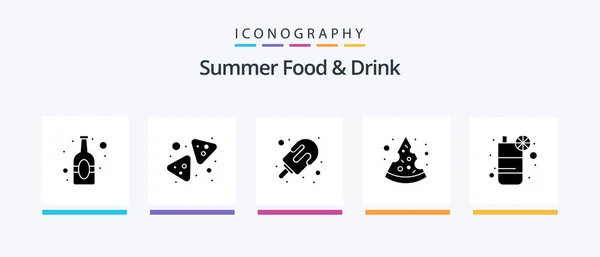 夏の食べ物と飲み物グリフ5アイコンパックドリンクを含む スライス アイスクリームだ ピザだ クリエイティブアイコンデザイン — ストックベクタ