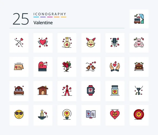 Valentine Line Filled Icon Pack Including Talking Cute Flask Love — Stockový vektor