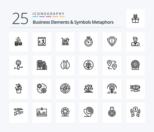Business Elements Symbols Metaphors Line Icon Pack Including Sheild Watch — Stock Vector