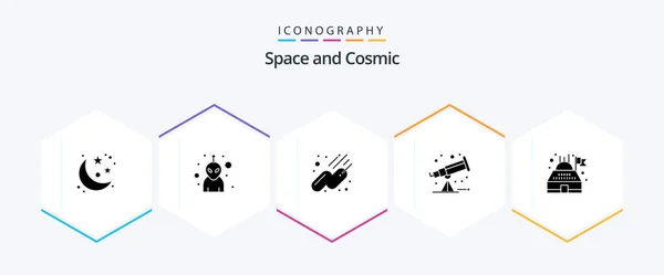 Space Glyph Icon Pack Including Planetarium Space Observatory Telescope — Stockový vektor