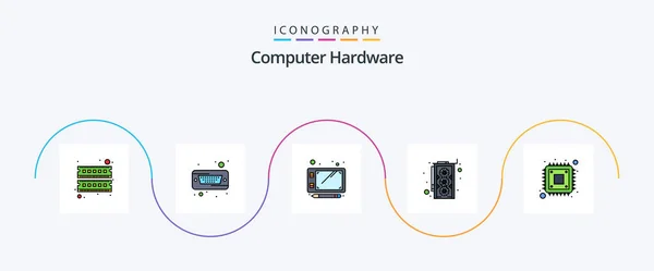 Computer Hardware Line Filled Flat Icon Pack Including Storage Cpu — Vettoriale Stock