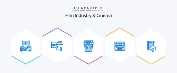 Cenima Blue Icon Pack Including Disc Movie Theater Bluray Clapperboard — Stockvector