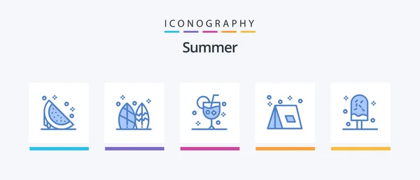 Summer Blue Icon Pack Including Summer Camp Surf Ice Drink — Stock vektor