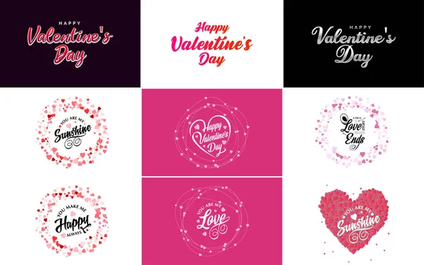 Happy Valentine Day Typography Design Watercolor Texture Heart Shaped Wreath — Stock Vector