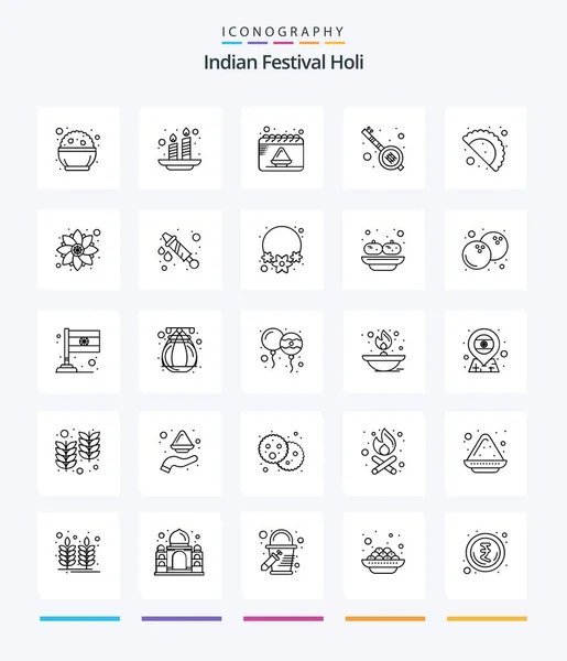 Creative Holi Outline Icon Pack Gujjia Party Calendar Veena India — Stock vektor