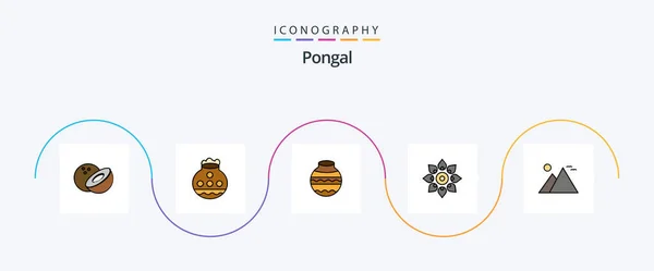 Pongal Line Filled Flat Icon Pack Including Sun Landmark Decorate — Stok Vektör