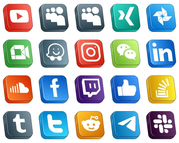 Isometric 3D Social Media Brand Icon Set 20 icons such as sound. professional. waze. linkedin and wechat icons. Premium and high-quality