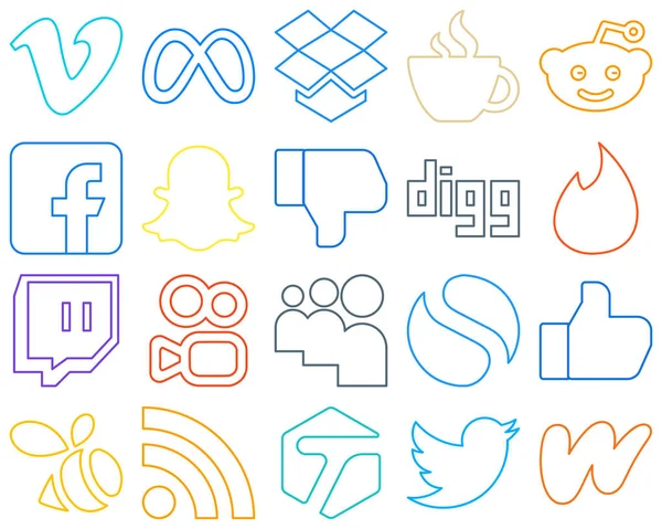 High Resolution Customizable Colourful Outline Social Media Icons Twitch Digg — Stockový vektor