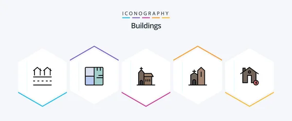 Buildings Filledline Icon Pack Including Charge Battery Map Monastery Church — Stockvector