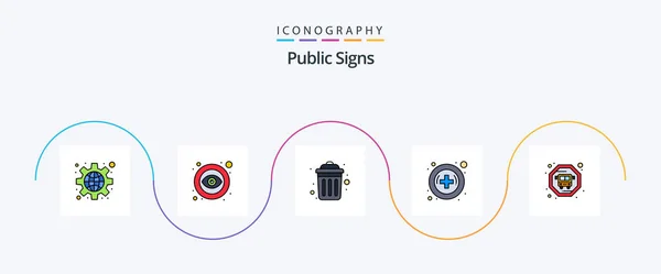 Public Signs Line Filled Flat Icon Pack Including Bus Dustbin — Stock Vector