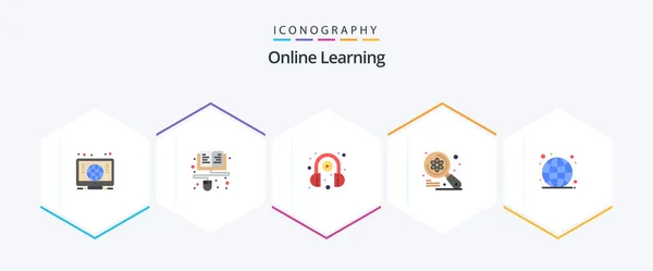 Online Learning Flat Icon Pack Including Globe Search Headphone Science — Vector de stock