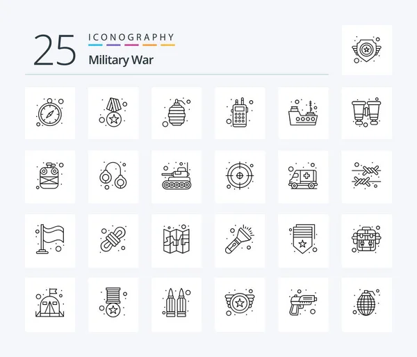 Military War Line Icon Pack Including Ship Talk Grenade Walkie — Vetor de Stock