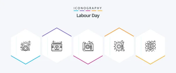 Labour Day Line Icon Pack Including International Maintenance Time Gear — Stockvector