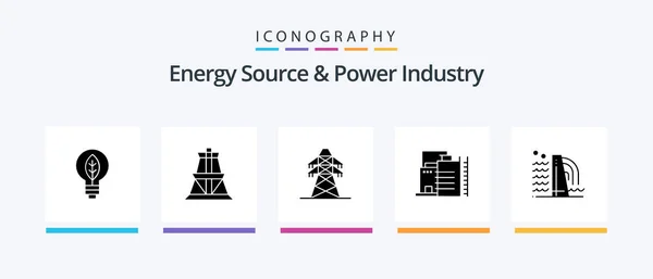 Energy Source Power Industry Glyph Icon Pack Including Building Creative — Vector de stock