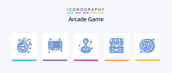 Arcade Blue Icon Pack Including Joystick Play Joystick Game Ticket — Stockový vektor
