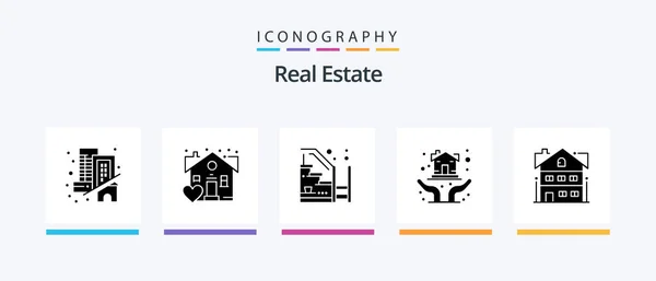 Real Estate Glyph Icon Pack Including Apartment Protection Hands Progress — Stockvektor