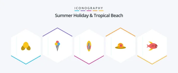 Beach Flat Icon Pack Including Sea Coast Sports Beach Hat — Stock vektor