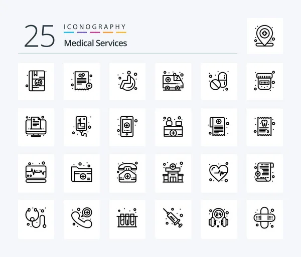 Медицинские Услуги Линия Значок Пакет Включая Лекарства Планшет Колесо Таблетки — стоковый вектор
