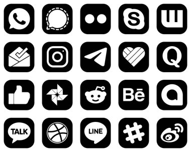 20 High-Resolution White Social Media Icons on Black Background such as quora. wattpad and messenger icons. Versatile and professional