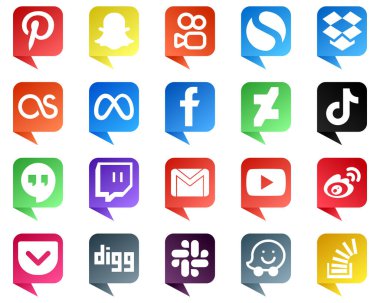 20 Unique Chat bubble style Social Media Icons such as google hangouts. china. facebook. video and tiktok icons. High definition and professional