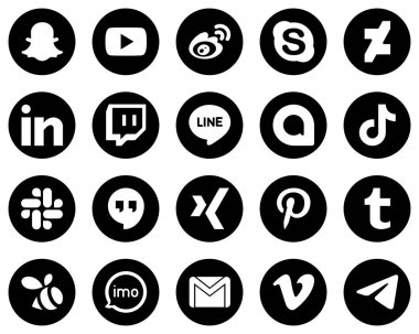 20 Customizable White Social Media Icons on Black Background such as video. tiktok. chat. google allo and twitch icons. Fully customizable and high-quality
