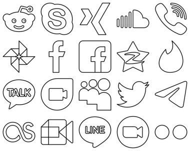 20 Eye-catching Black Line Social Media Icons such as tinder. tencent. rakuten. qzone and fb icons. High-quality and minimalist