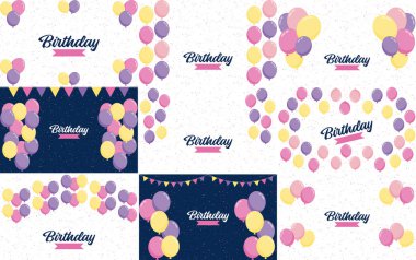 Happy Birthday text with a rainbow gradient and a geometric pattern background