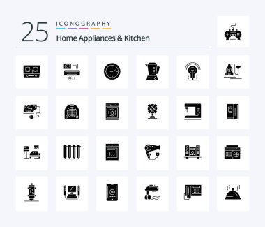 Home Appliances And Kitchen 25 Solid Glyph icon pack including kitchen. machine. ac . compass. time