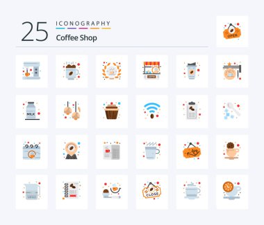 Coffee Shop 25 Flat Color icon pack including cup. shop. coffee. counter. cafe