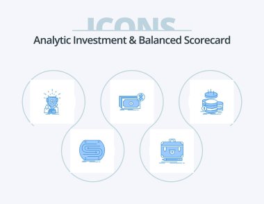 Analytic Investment And Balanced Scorecard Blue Icon Pack 5 Icon Design. dollars. banknotes. management. trophy. cup
